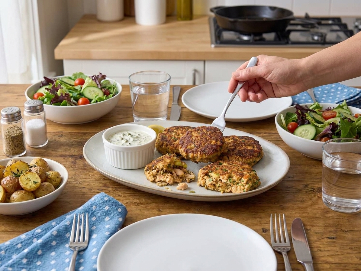 A cozy weeknight dinner table with a platter of salmon patties, a small bowl of sauce, and simple side dishes