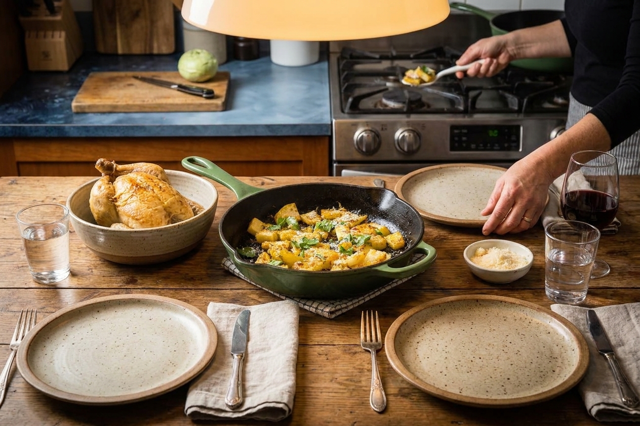 A cozy weeknight table setting with a bowl of crispy kohlrabi, a simple main dish nearby, and warm lighting in a home kitchen