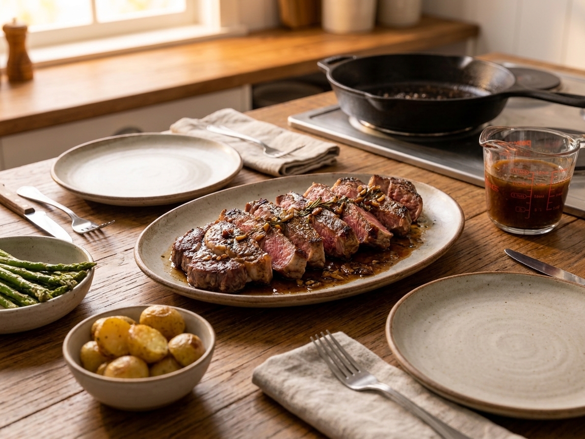 A cozy weeknight table setting with plates, cutlery, and a serving platter holding sliced striploin steak ready to serve