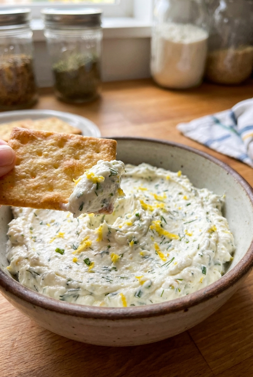 A cracker being dipped into a bowl of zesty herbed cheese spread with visible lemon zest and herbs