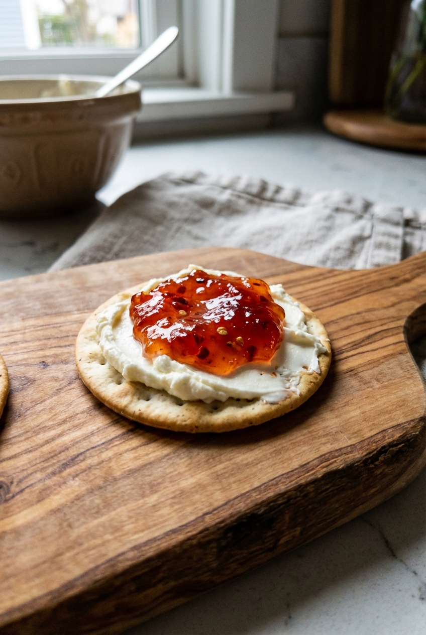 A cracker topped with cream cheese and a spoonful of pepper jelly on a serving board