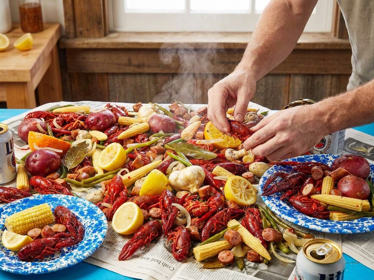 A crawfish boil dumped onto a paper-lined table with crawfish, corn, potatoes, sausage, and lemon halves ready to eat