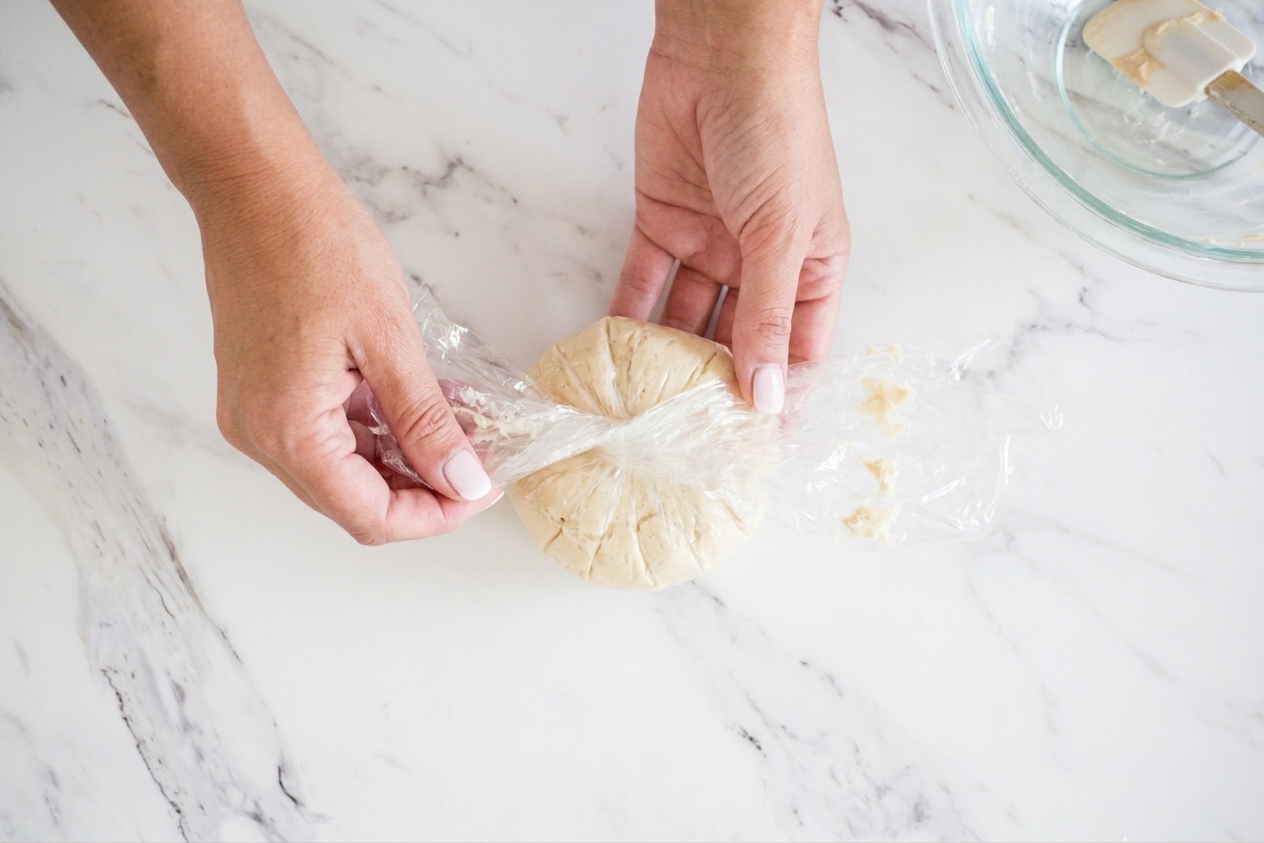 A cream cheese mixture being wrapped tightly in plastic wrap and shaped into a round ball on a countertop