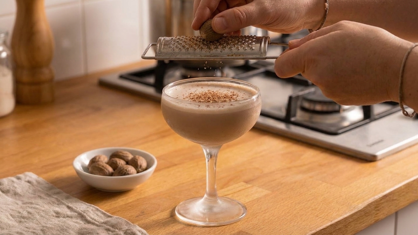 A creamy Brandy Alexander in a coupe glass as fresh nutmeg is grated over the foam, with a soft kitchen background blur