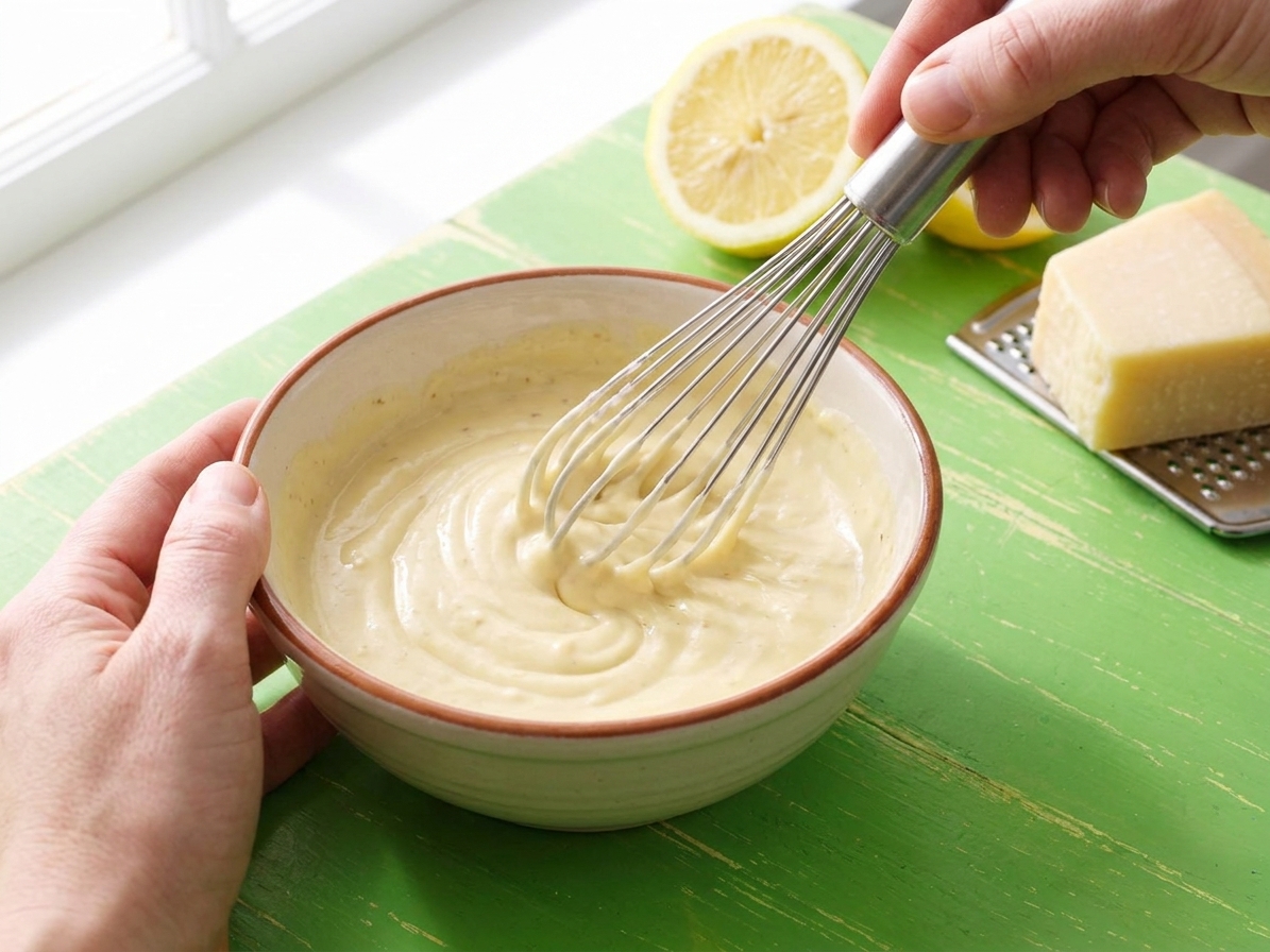 A creamy Caesar dressing being whisked in a small bowl on a kitchen counter with lemon and Parmesan nearby