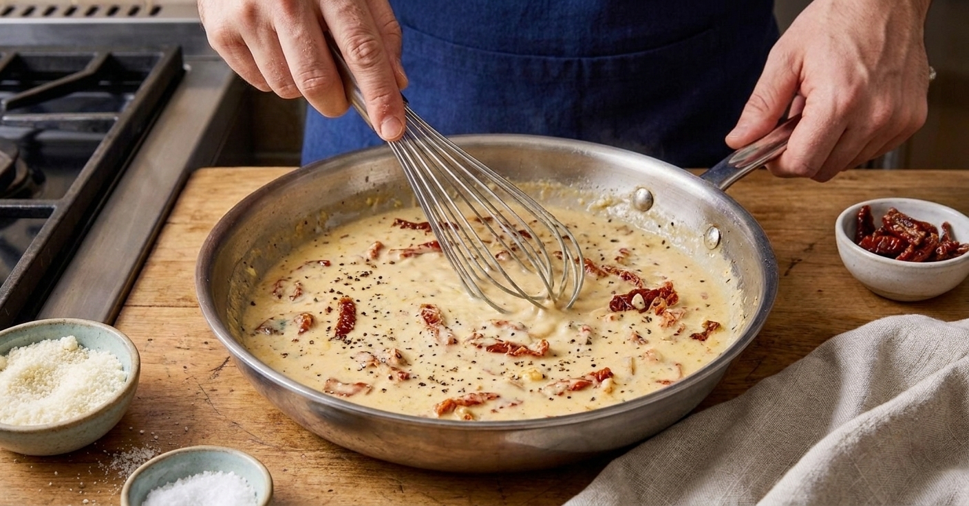 A creamy Parmesan garlic sauce being whisked in a skillet with visible sun-dried tomato pieces