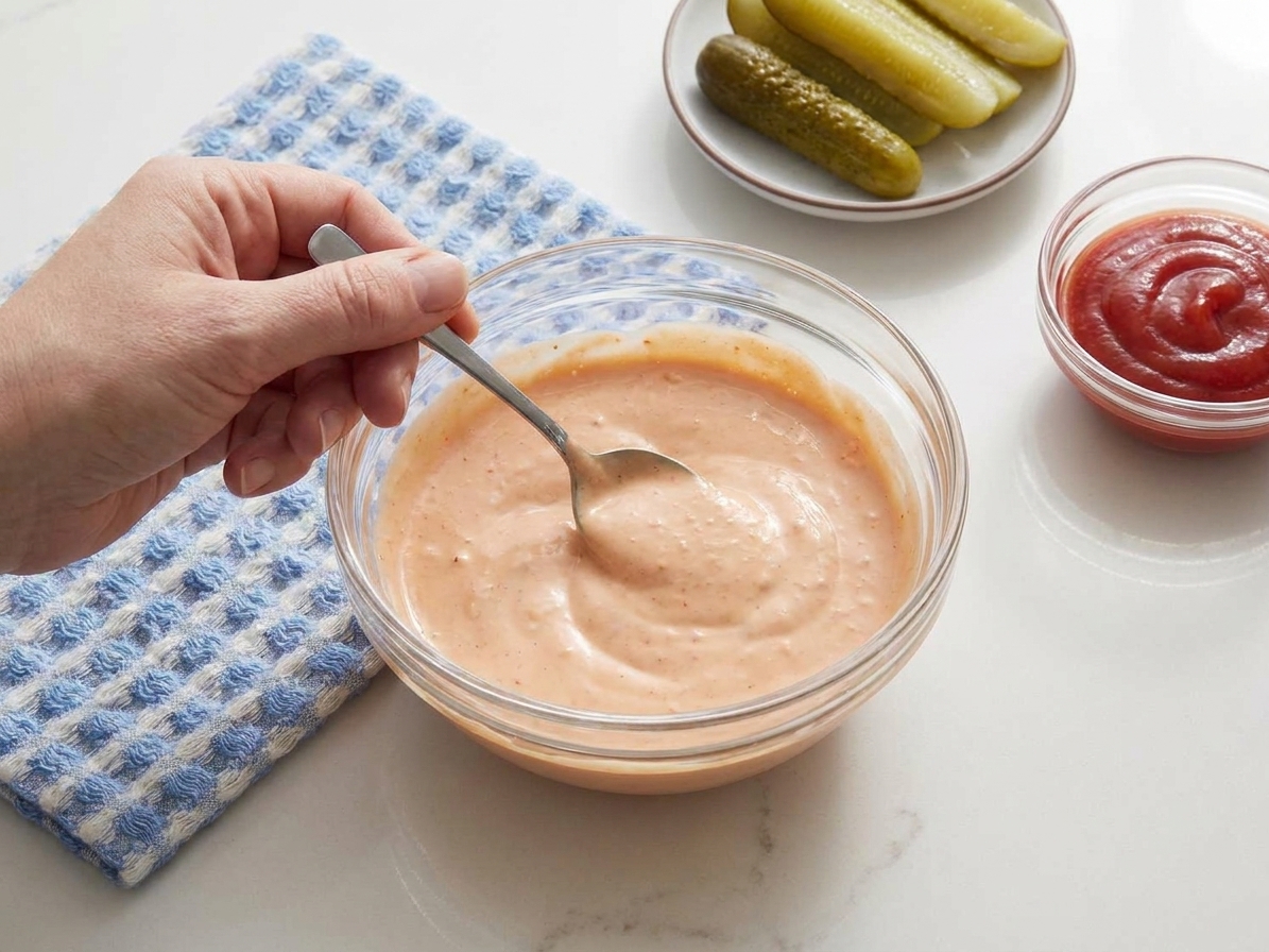 A creamy Russian-style dressing being stirred in a small bowl with pickles and ketchup nearby