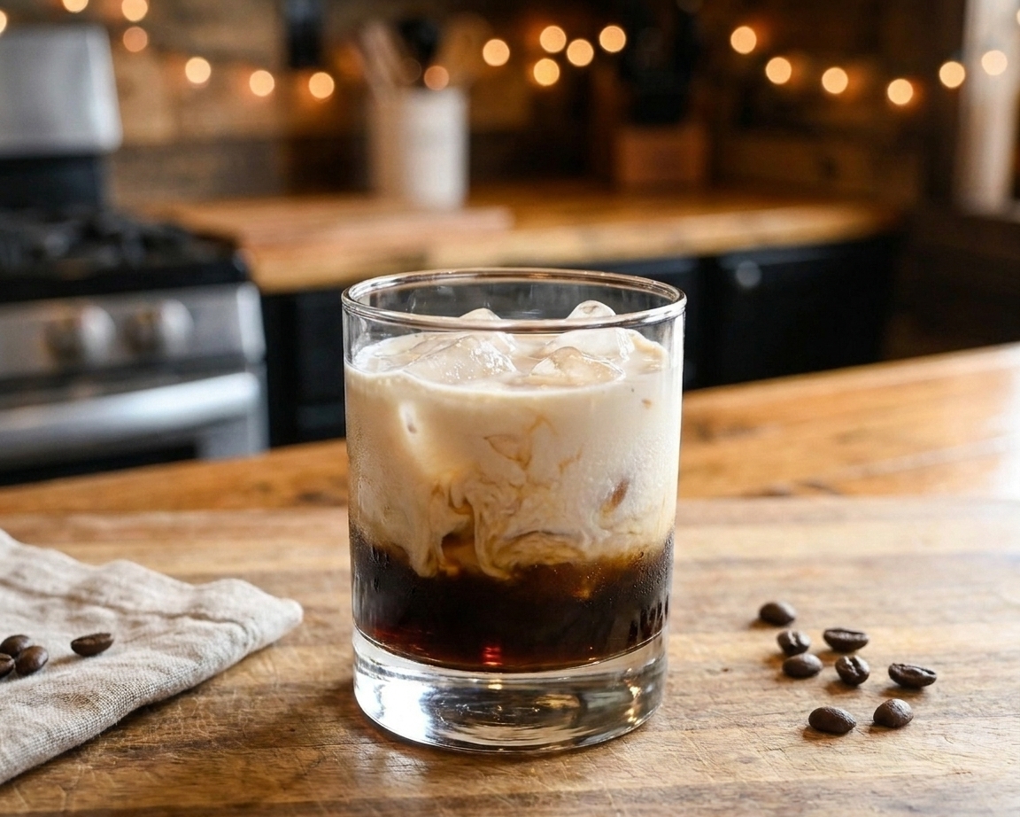 A creamy <!-- inpage-recommendation:23088 -->White Russian cocktail in a rocks glass with ice on a neutral kitchen table setting