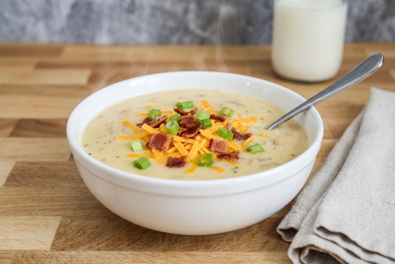 A creamy bowl of potato soup topped with shredded cheddar, crispy bacon, and sliced green onions on a wooden table with a spoon and napkin
