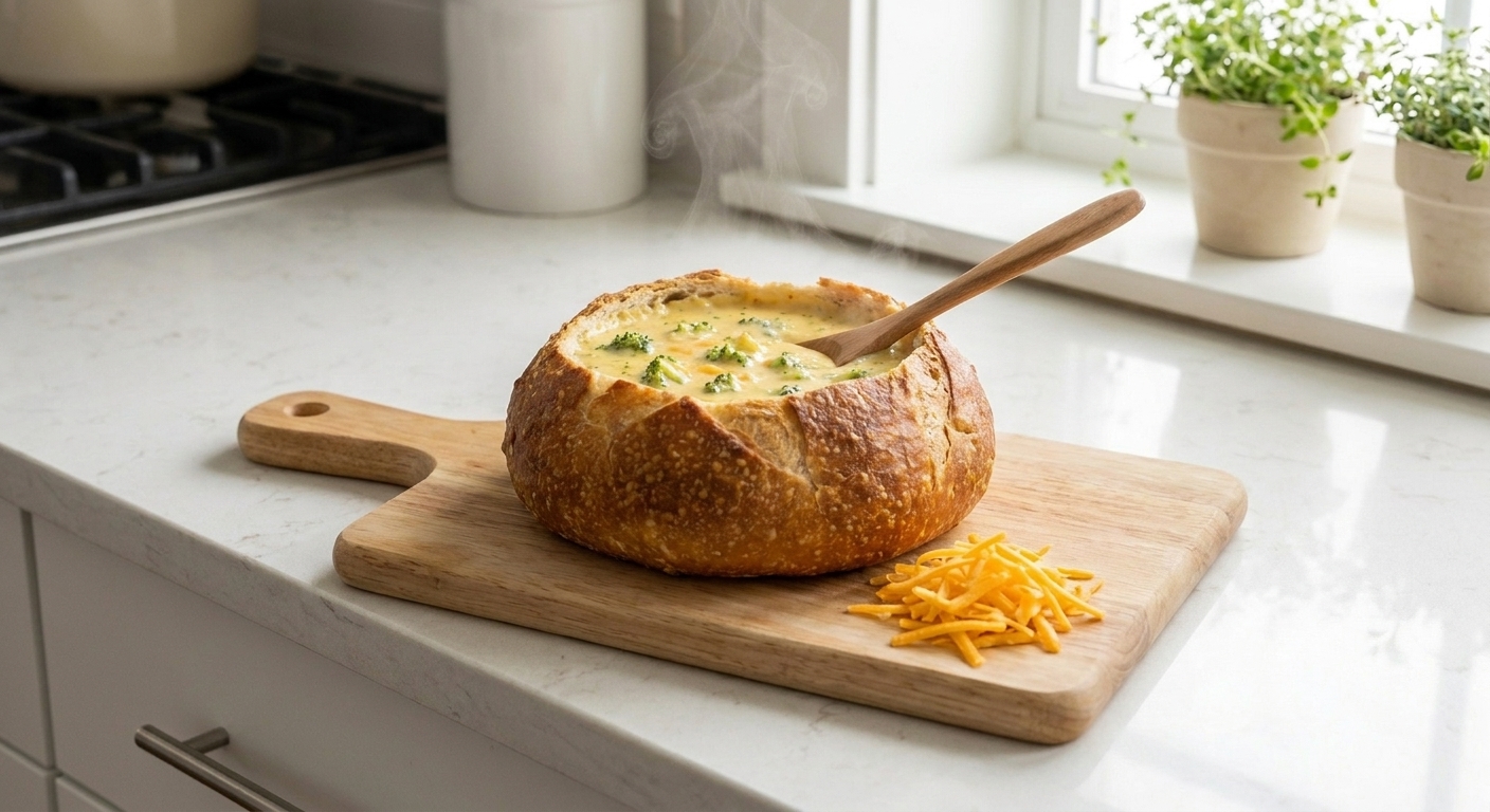 A creamy broccoli cheddar soup served in a crusty bread bowl on a wooden table with a spoon and a small pile of shredded cheddar nearby, warm natural kitchen lighting