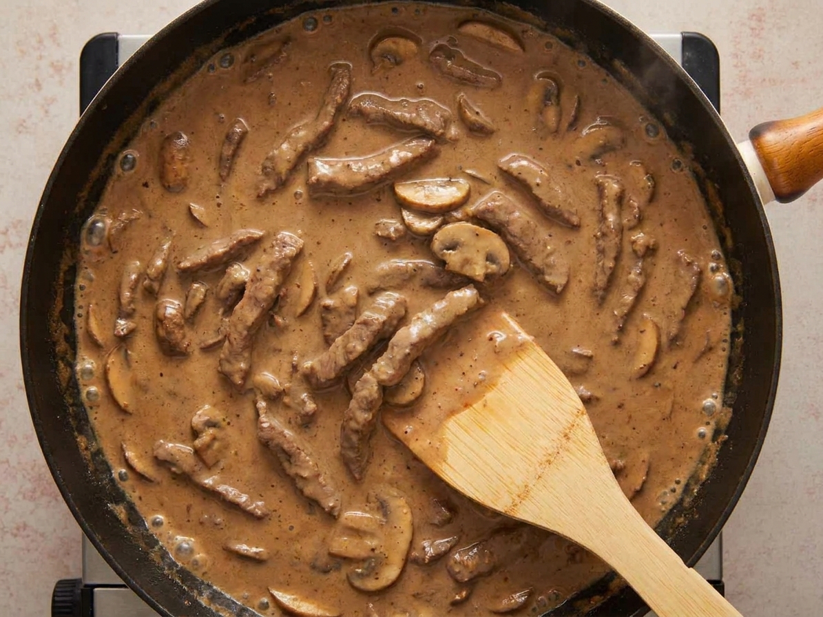 A creamy brown stroganoff sauce simmering in a pan with mushrooms and beef visible, small bubbles around the edges