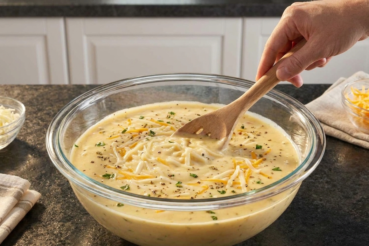 A creamy casserole sauce being stirred in a large mixing bowl with visible shredded cheese and seasonings