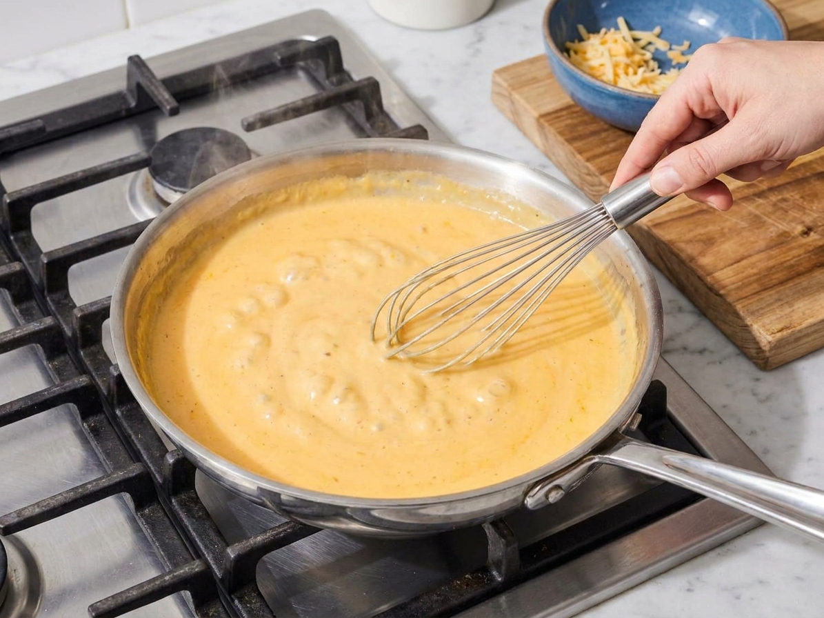 A creamy cheddar sauce being whisked in a skillet on the stove