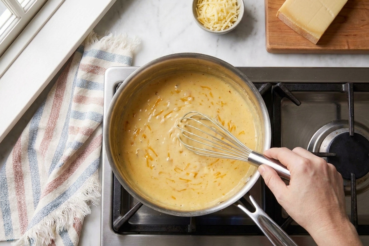 A creamy cheese sauce being whisked in a saucepan with melted cheddar and Gruyere creating a smooth texture