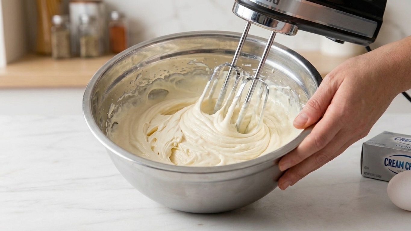 A creamy cheesecake batter being mixed in a stainless steel bowl with a mixer on a light colored kitchen counter