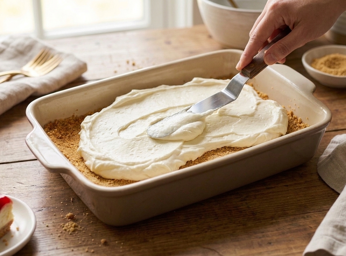 A creamy cheesecake-style filling being spread evenly over a graham cracker crust in a 9x13 dish with an offset spatula