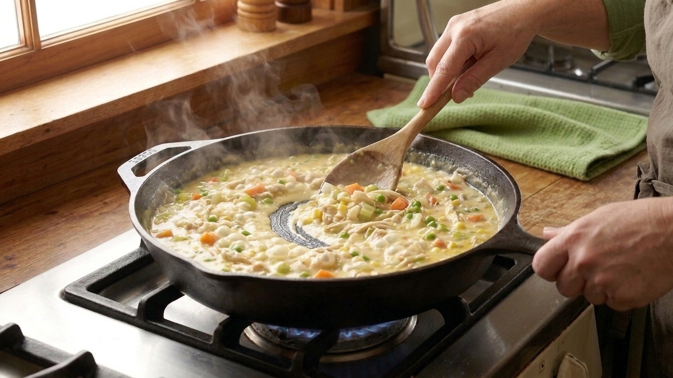 A creamy chicken and vegetable filling simmering in a skillet, thick enough to hold a spoon trail
