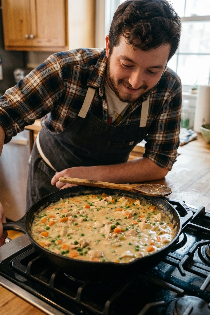 A creamy chicken pot pie filling with peas and carrots bubbling in a 12-inch skillet on a stovetop, a wooden spoon resting on the rim, real food photography style