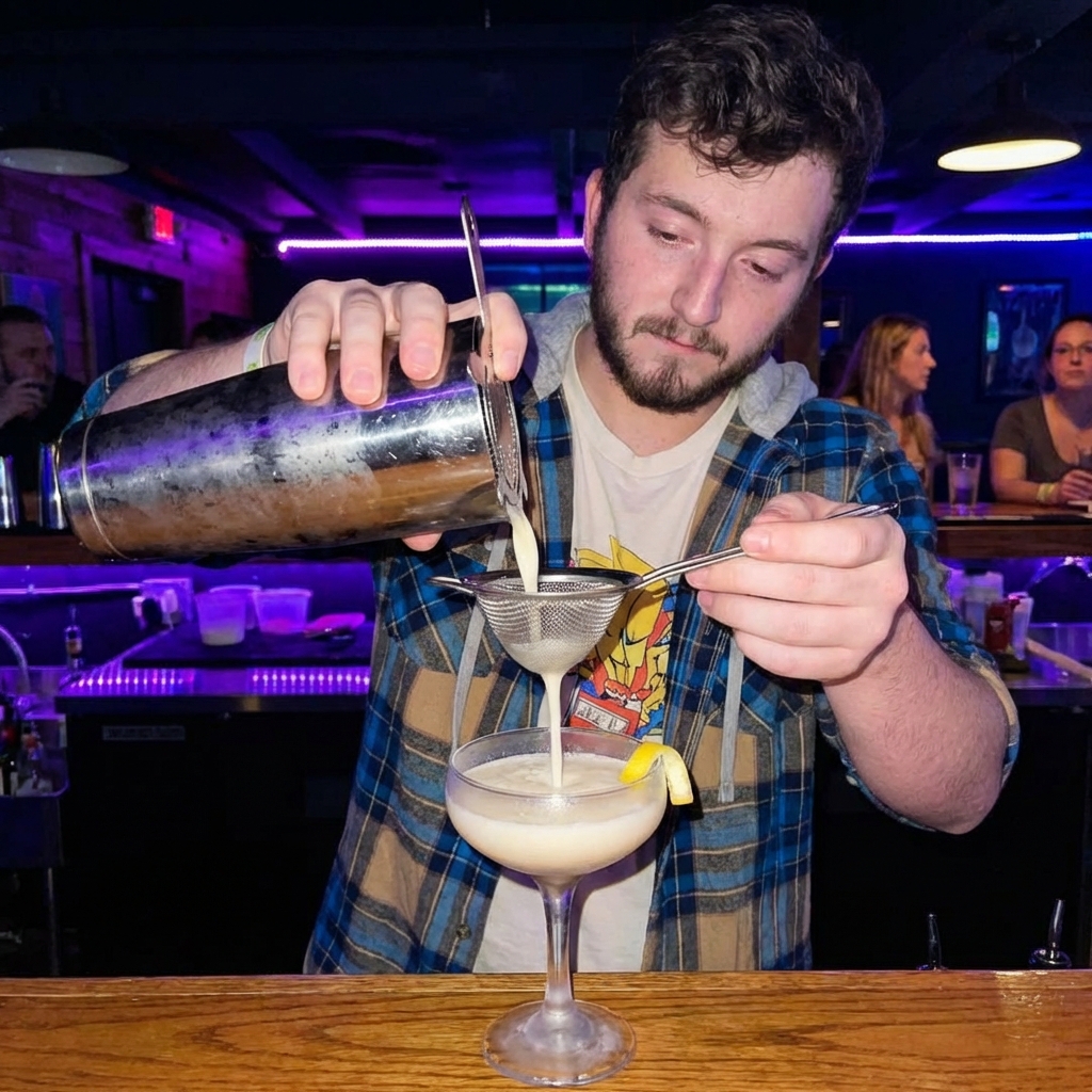 A creamy cocktail being strained from a shaker into a chilled coupe glass