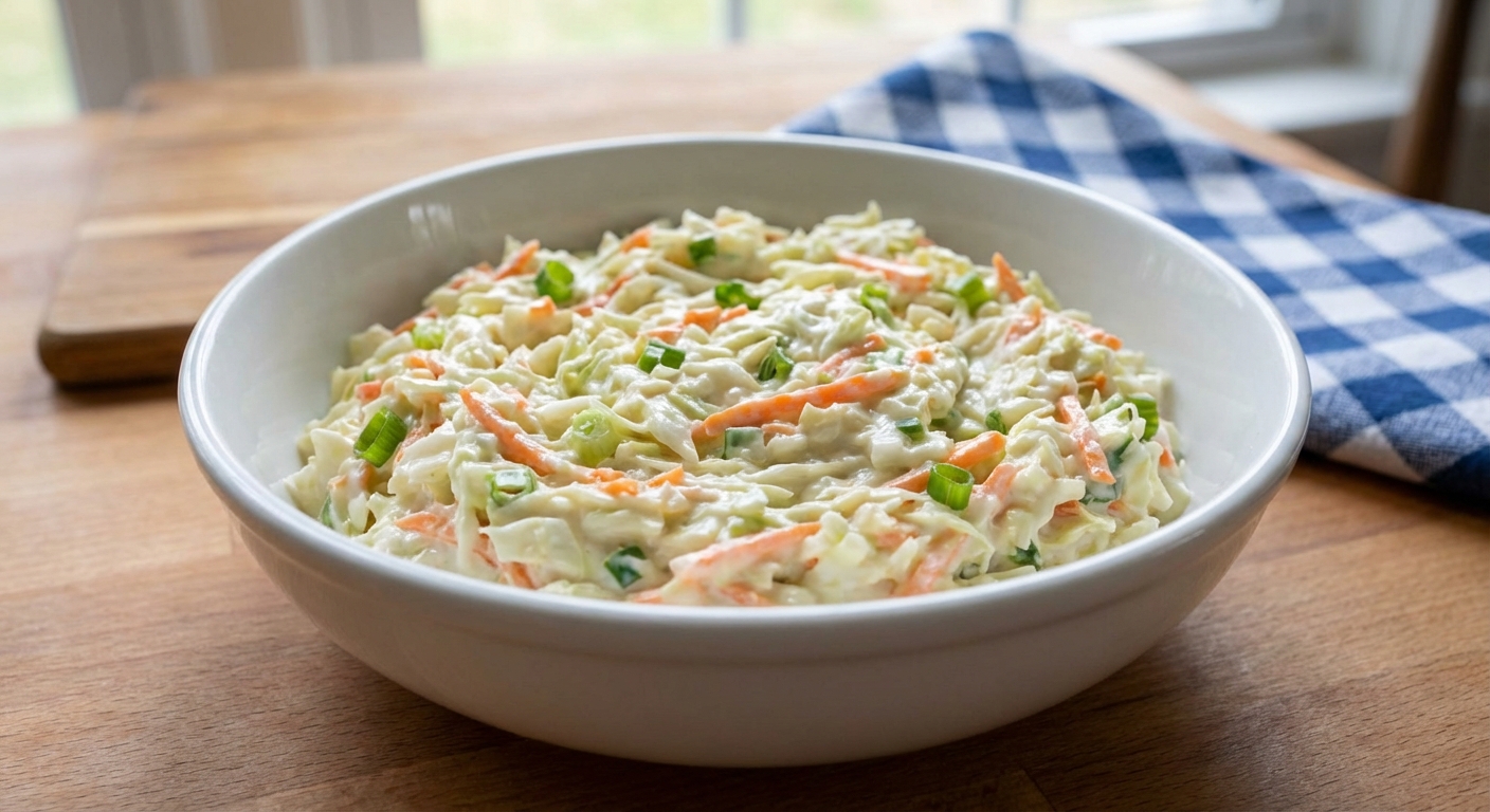 A creamy coleslaw in a white bowl with flecks of carrot and green onion