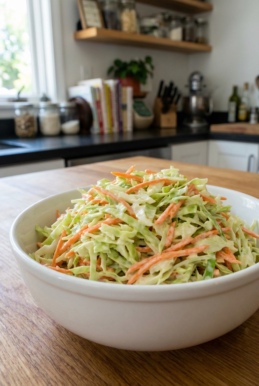 A creamy coleslaw in a white bowl with shredded cabbage and carrots, photographed on a kitchen counter