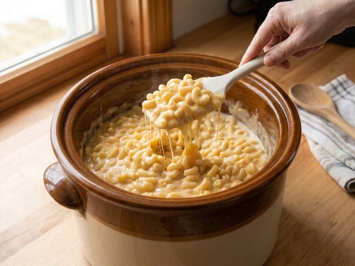 A creamy crock pot mac and cheese freshly stirred in a slow cooker insert, with glossy cheese sauce coating elbow macaroni on a light kitchen counter