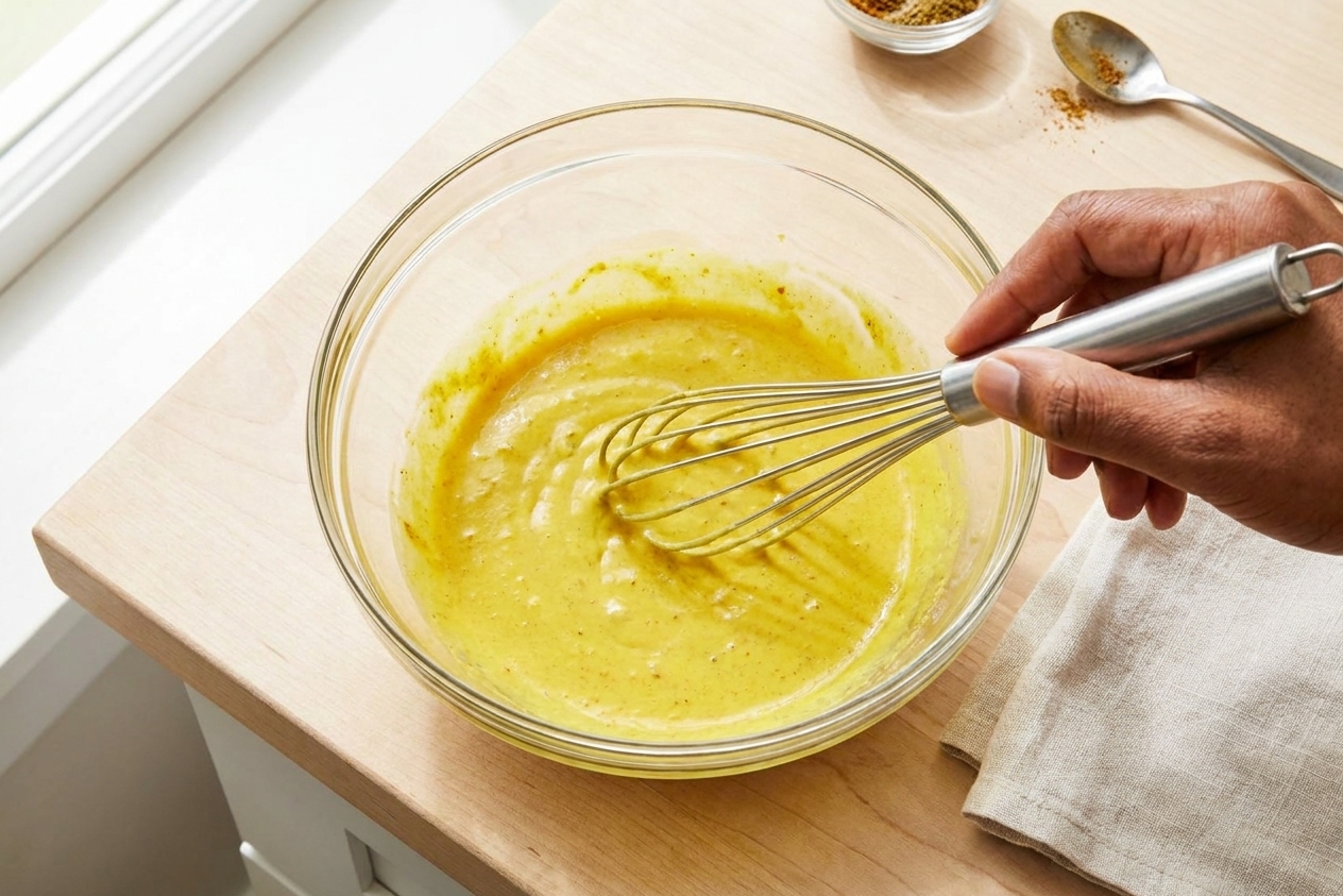 A creamy curry dressing being whisked in a glass mixing bowl on a bright kitchen counter