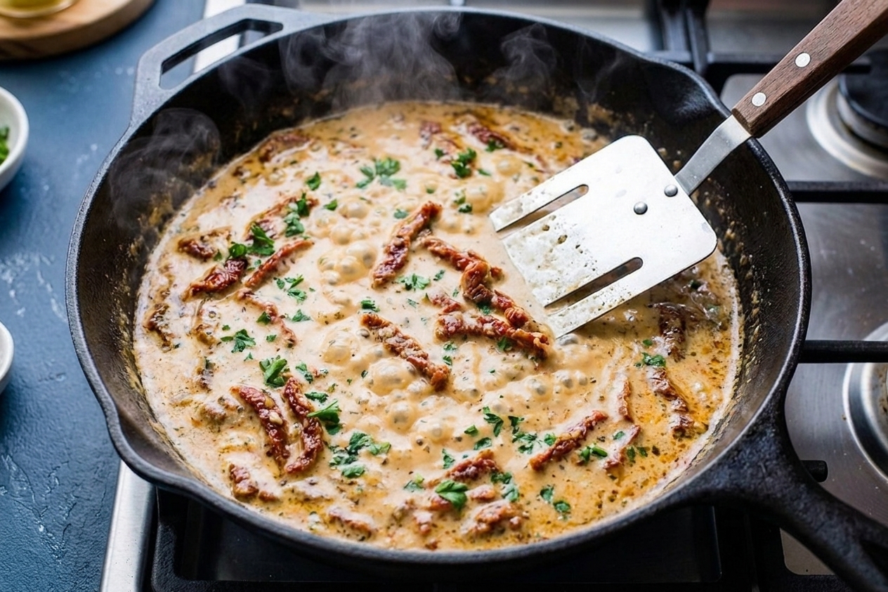 A creamy garlic Parmesan sauce simmering in a skillet with sun-dried tomatoes