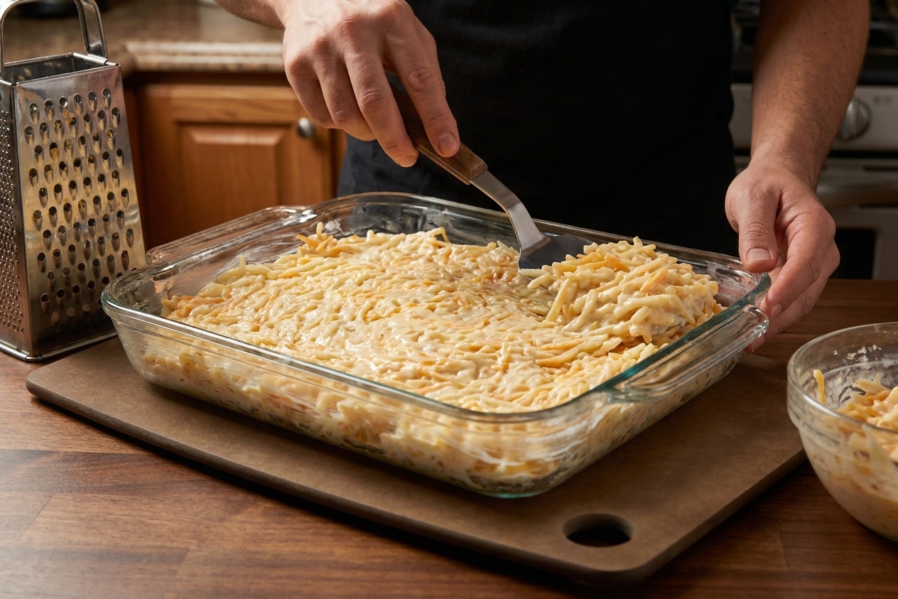 A creamy hash brown mixture being spread evenly in a greased 9x13-inch baking dish on a kitchen counter