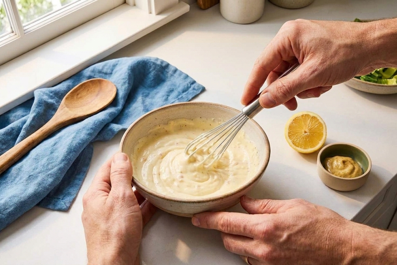 A creamy mayo and sour cream dressing being whisked in a small bowl with lemon and Dijon nearby