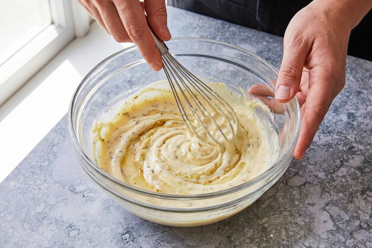 A creamy mayonnaise-based dressing being whisked in a glass bowl on a bright kitchen counter