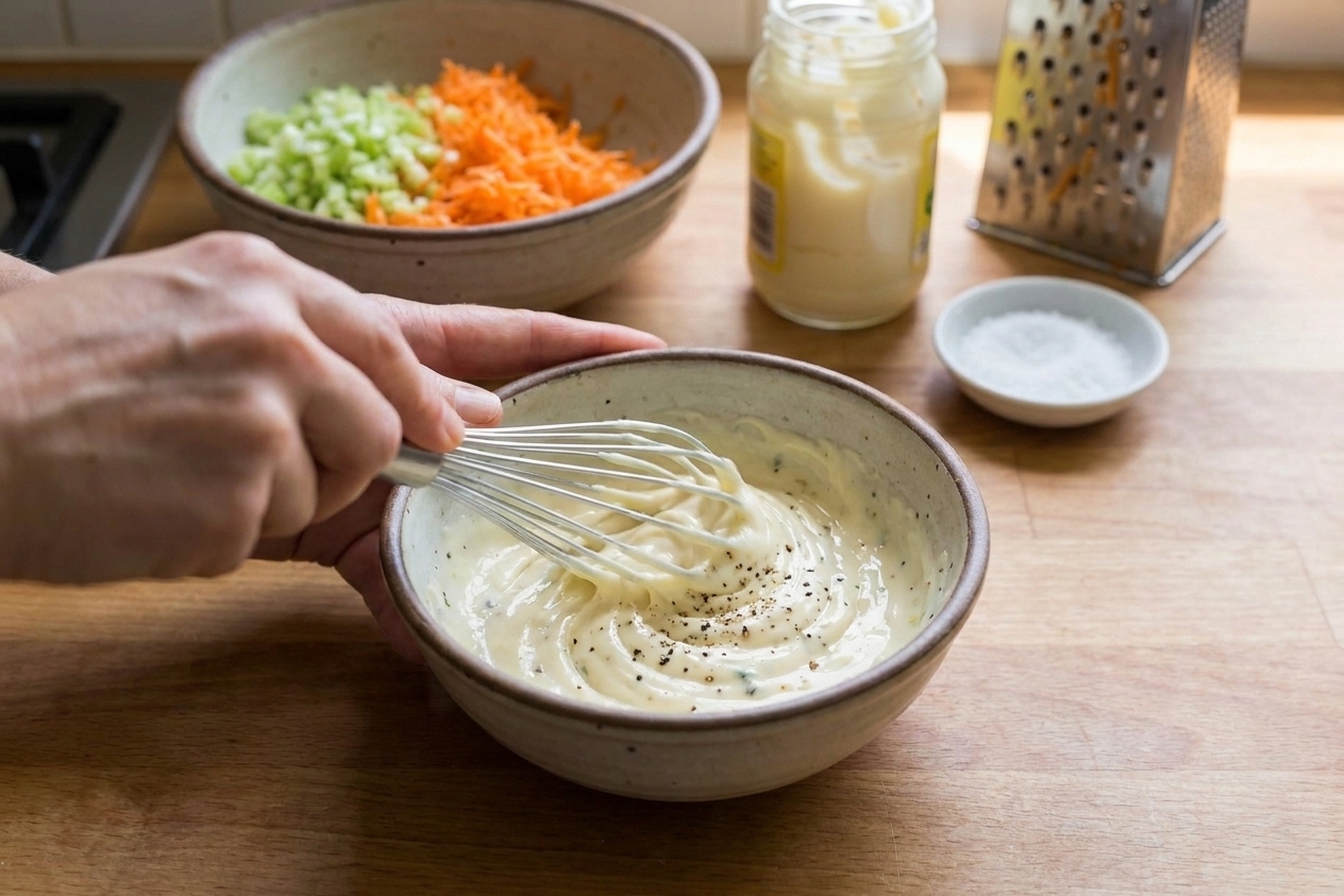 A creamy mayonnaise dressing being whisked in a small bowl on a kitchen counter