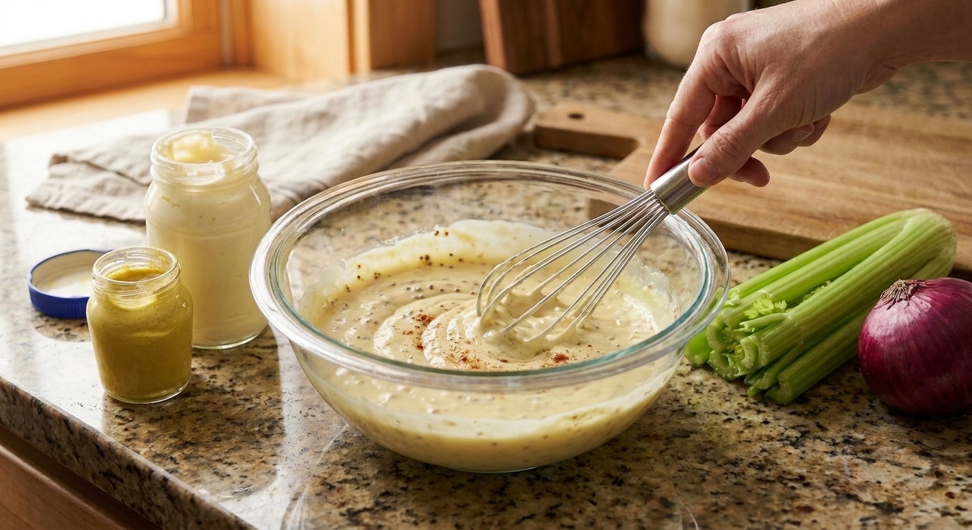 A creamy mustard and mayonnaise dressing being whisked in a glass bowl on a kitchen counter