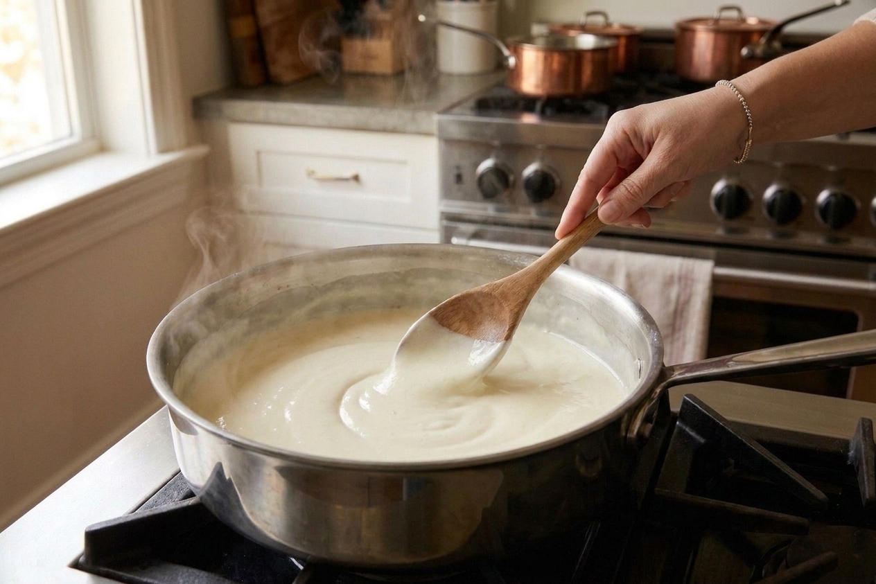 A creamy pale yogurt sauce being stirred in a saucepan with a wooden spoon, smooth and steaming gently