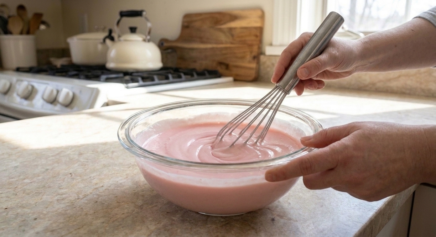 A creamy pastel gelatin mixture being whisked with Greek yogurt until smooth in a mixing bowl