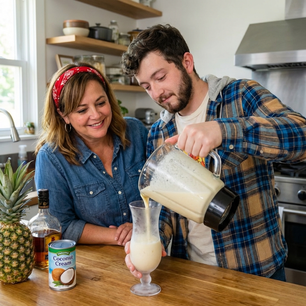 A creamy piña colada being poured from a blender into a chilled glass on a kitchen counter