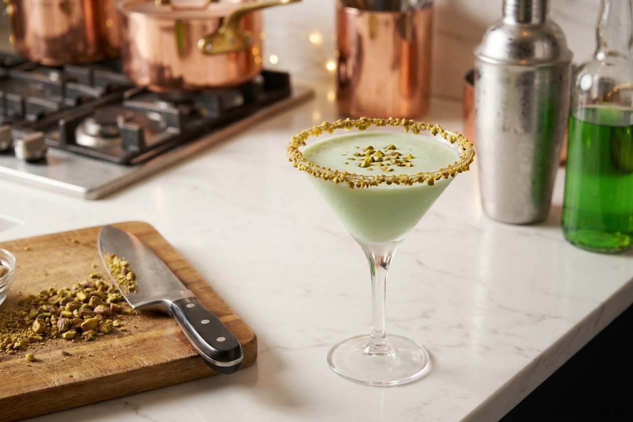 A creamy pistachio martini with a crushed pistachio rim and a few chopped pistachios on top