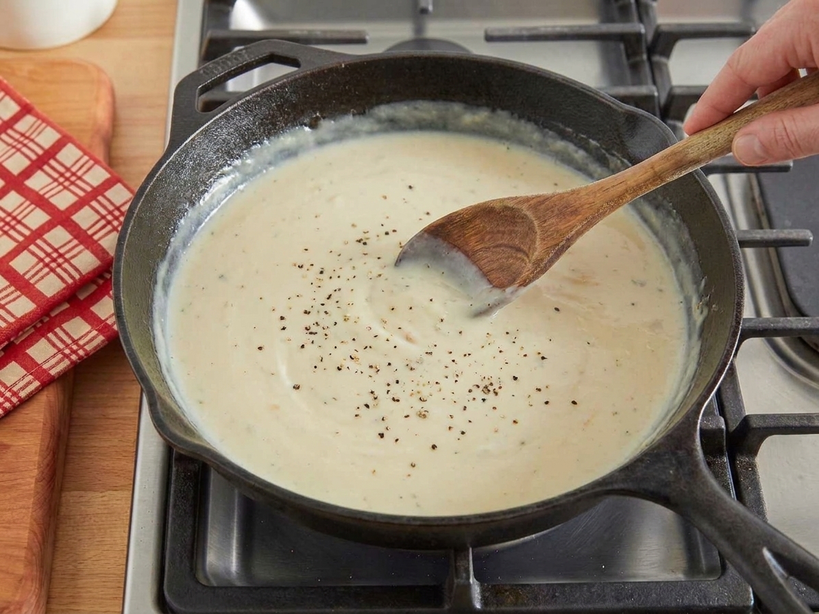 A creamy sauce being stirred in a skillet, pale and glossy with visible flecks of black pepper
