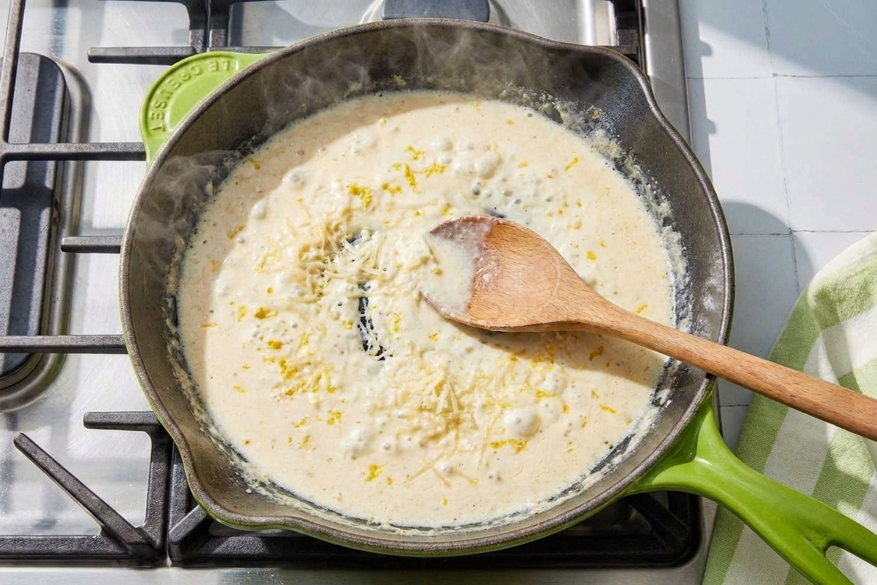 A creamy sauce being stirred in a skillet with visible lemon zest and grated Parmesan melting in, wooden spoon in action