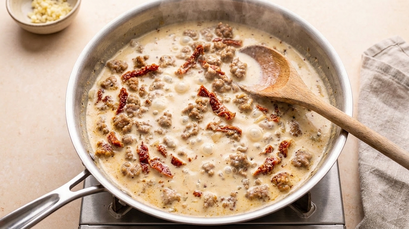 A creamy sauce simmering gently in a skillet with browned sausage crumbles and sun-dried tomato pieces, with steam rising