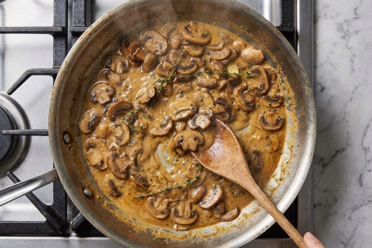 A creamy sauce simmering in a skillet with mushrooms, being stirred with a wooden spoon on a stovetop