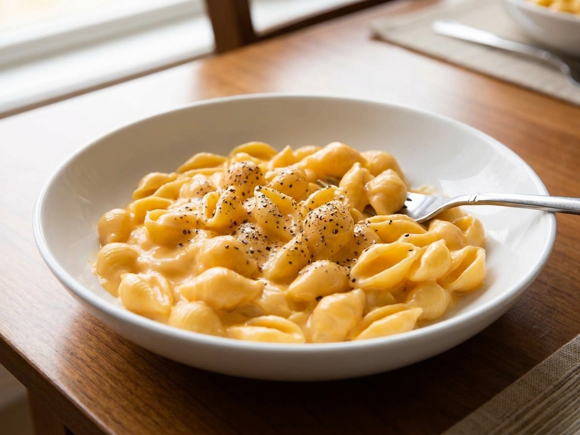 A creamy serving of Velveeta shells and cheese in a shallow bowl with black pepper on top, set on a simple dinner table with a fork