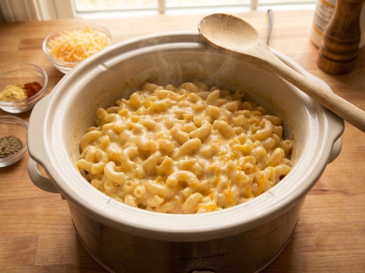 A creamy slow cooker mac and cheese in a crock with a wooden spoon resting on the edge