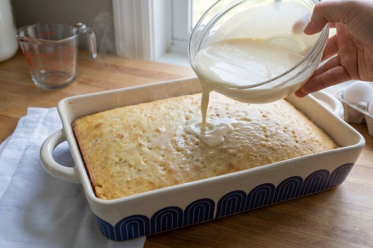 A creamy three-milk mixture being poured from a bowl over a poked sponge cake in a baking dish