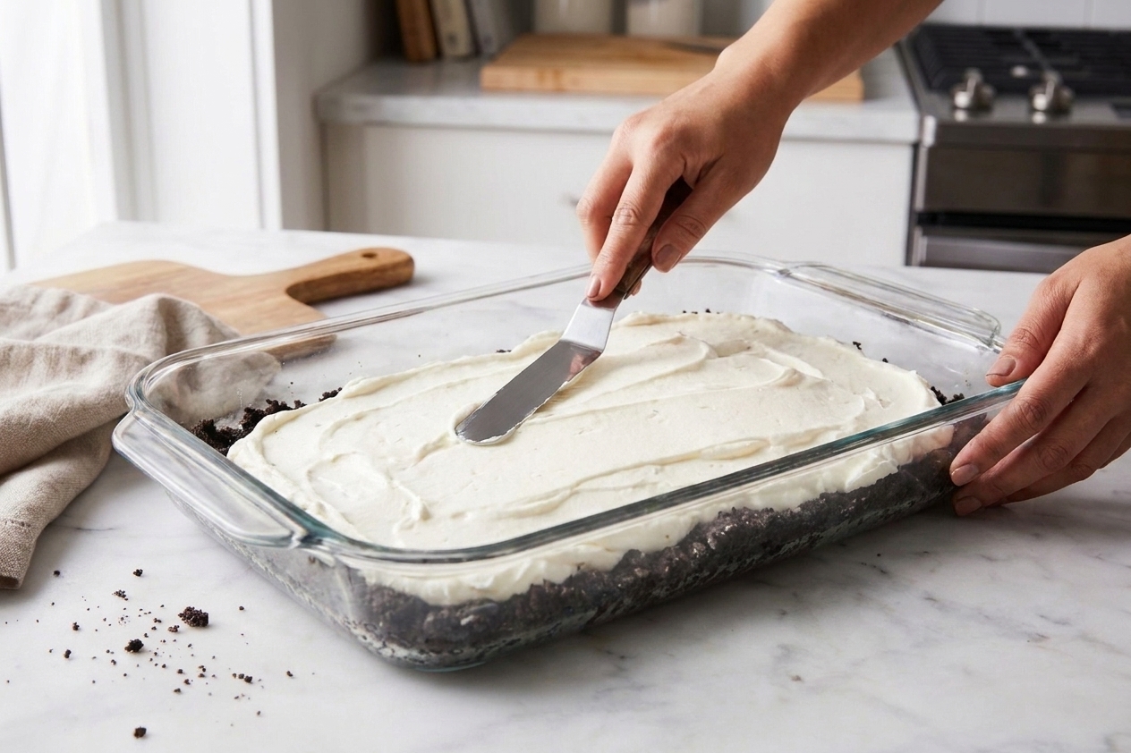 A creamy white cream cheese layer being smoothed evenly over an Oreo crust in a 9x13 dish using an offset spatula