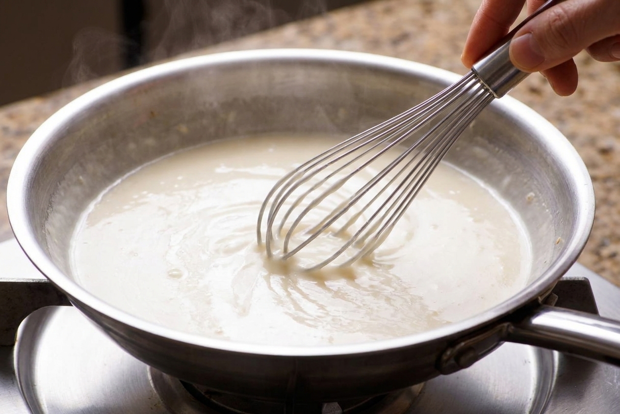 A creamy white sauce being whisked in a skillet on the stovetop, thickening to a smooth consistency