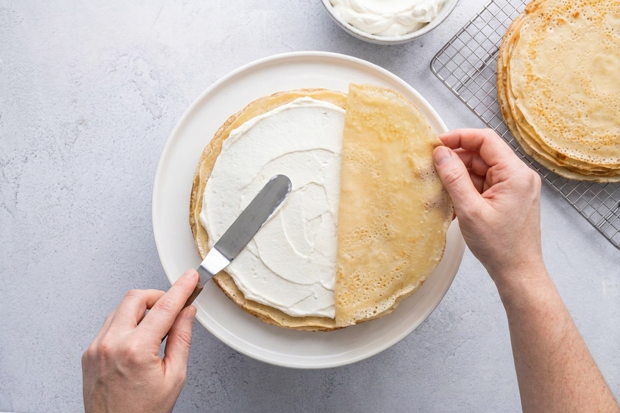 A crepe cake being assembled on a plate as a thin layer of cream is spread on a crepe and the next crepe is placed on top