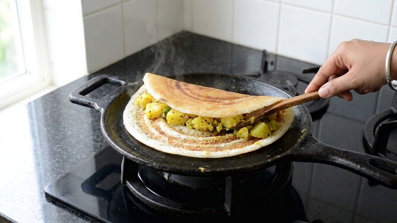 A crisp dosa being folded over a line of potato masala filling on a skillet, ready to slide onto a plate