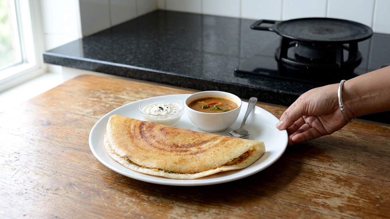 A crisp golden masala dosa folded on a white plate with coconut chutney and sambar on the side, set on a warm kitchen table with soft natural light