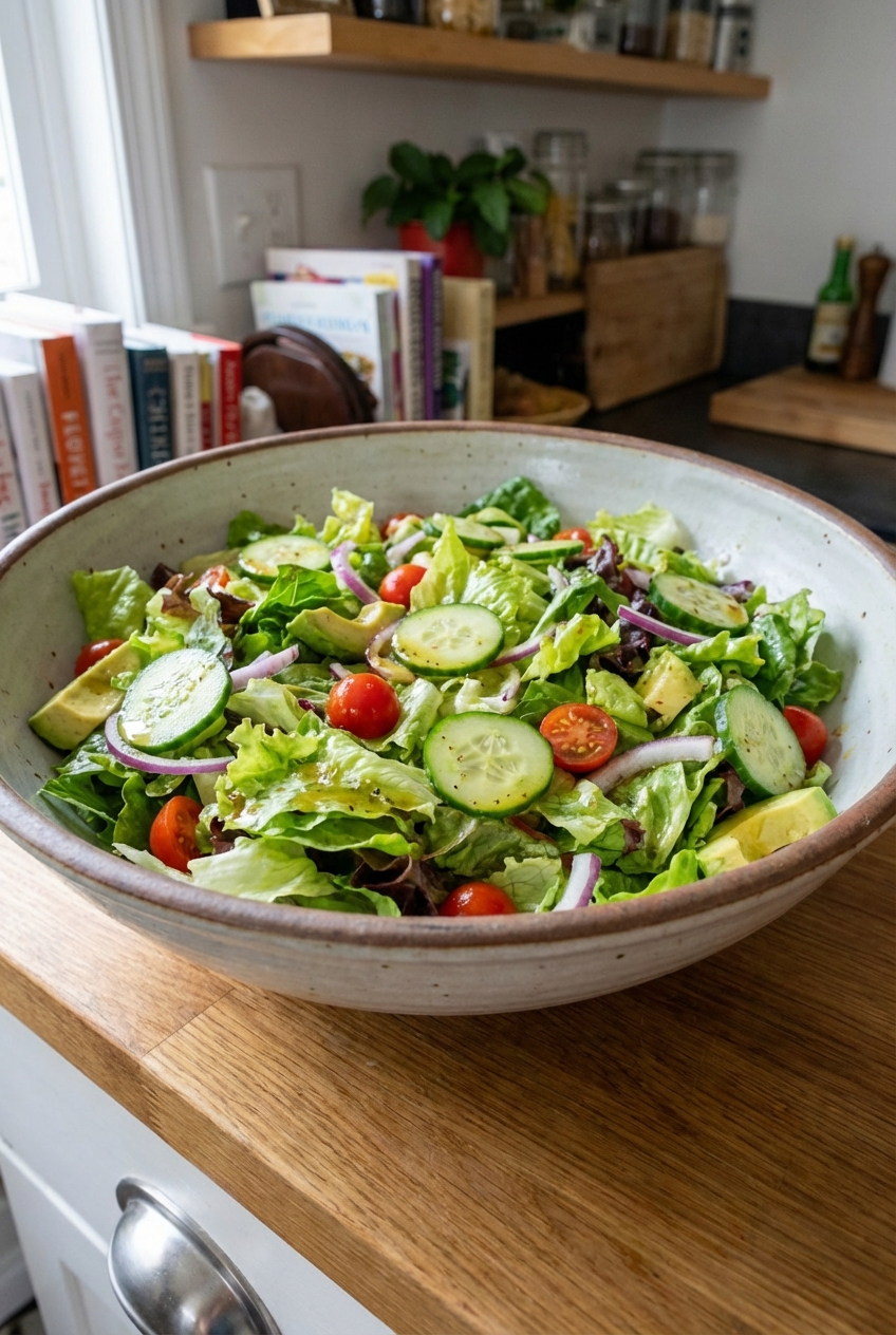 A crisp green salad with a light vinaigrette in a wide bowl